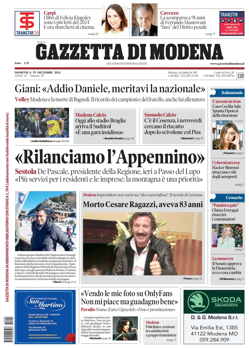 Prima-pagina-gazzetta di modena-oggi-edizione-del-2024-12-29